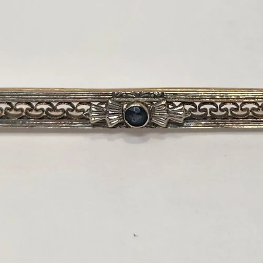 Art Deco Antique 10k White Gold Filigree Bar Pin Brooch Blue Sapphire Edwardian